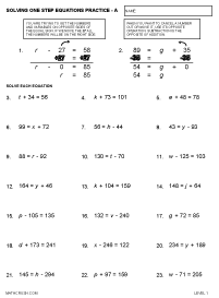 First Page of Solving One Step Equations Worksheet - Level 1