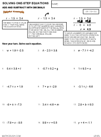 Preview of math worksheet on Solving One-Step Equations - Add, Subtract with Decimals (Level 1)