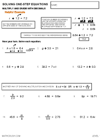 Preview of math worksheet on Solving One-Step Equations - Multiply, Divide with Decimals (Level 1)