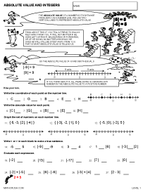 Preview of math worksheet on Absloute Value and Number Lines - Level 1