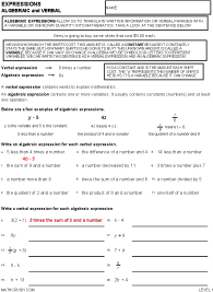Preview of math worksheet on Algebraic and Verbal Expressions - Level 1