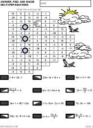 Preview of math worksheet on Multi-Step Equations Art - Level 3