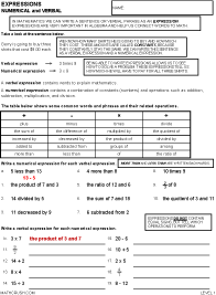 Preview of math worksheet on Numerical and Verbal Expressions - Level 1