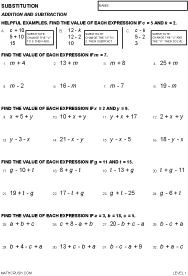 First Page of Substitution Worksheets - Level 1