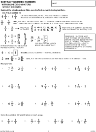 Preview of math worksheet, Subtracting Mixed Numbers with Unlike Denominators 
		 - Level 1