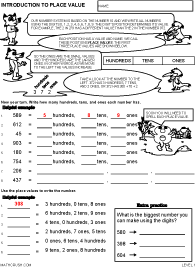 Preview of math worksheet on Introduction to Place Value - Level 1