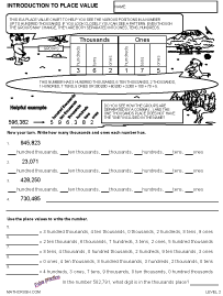 Preview of math worksheet on Introduction to Place Value - Level 2