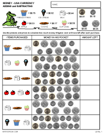 Preview of math worksheet, Buying and Change with Money - Level 1